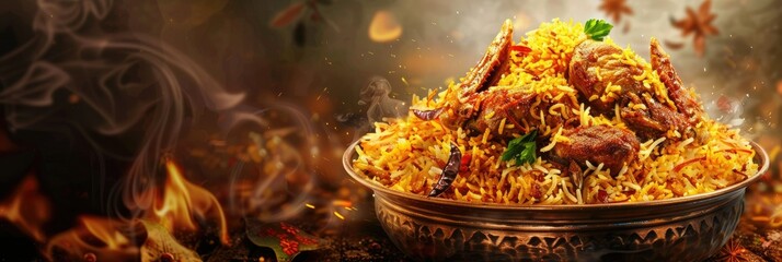 Aromatic Biryani with Tender Meat and Spices - An inviting biryani dish infused with aromatic spices and tender meat, presenting quintessential Indian cuisine - obrazy, fototapety, plakaty