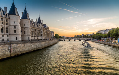 Panorama of Paris on the Seine at the Conciergerie at sunset