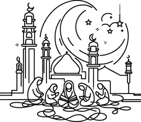 Fototapeta premium Muslim Ramadan Islam in continuous line drawing minimalist, simplicity contour,