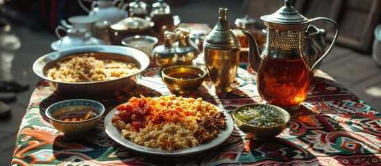 A table covered with adras fabric is laden with bowls of Uzbek cuisine pilaf and a pitcher of tea. The colorful food invites a traditional dining experience, showcasing the richness of Uzbek culinary