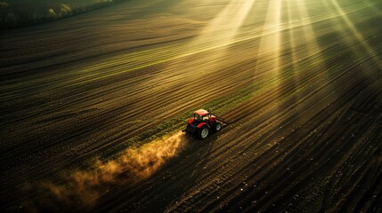 Tractor cultivating field at spring,aerial view - 748277329
