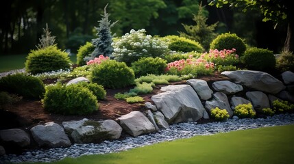 Lawn Care Question and landscaping questions as groundskeeping as a rock garden with flowers and evergreen bushes as outdoor natural planting design for landscaper or lawn mowing symbol. - obrazy, fototapety, plakaty