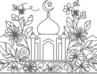 Naklejka premium Muslim Ramadan Islam in continuous line drawing minimalist, simplicity contour,