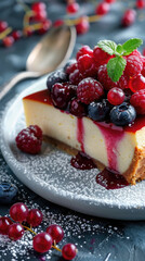 Cheesecake topped with berries and syrup - Luxuriously topped cheesecake with red currants and icing sugar on a rustic slate