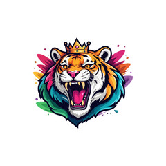 Colorful Tiger with crown roaring vector mascot illustration.
Tiger. King tiger logo. Tiger growling, grinning  Beautiful, breathtaking tiger