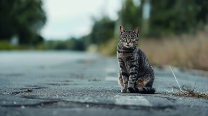 Lindo gato cinza sentado na estrada e olhando para a câmera - obrazy, fototapety, plakaty