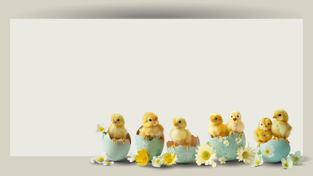 Easter background with chicks and easter eggs and banner for text