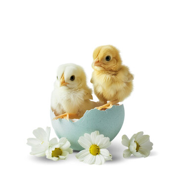 Easter chicks in eggshell with flowers. transparent background