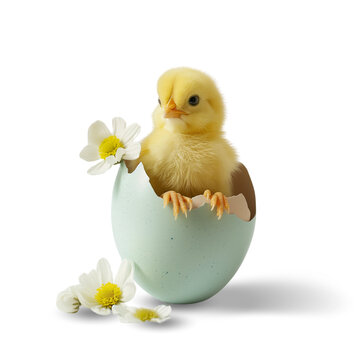 chick in an eggshell with daisies. transparent background