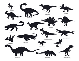Dinosaurs silhouettes. Ancient Jurassic reptiles, black ink stegosaurus, brontosaurus and pterodactyl silhouettes flat vector illustration set. Dino monsters silhouette collection © GreenSkyStudio