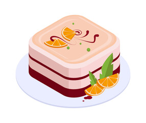 Isometric festive cake. Chocolate or vanilla cake with frosting and fruits, sweet pastry cake 3d vector illustration. Birthday party baked cake