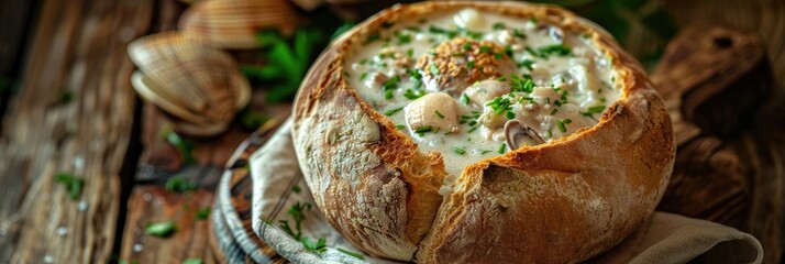 Creamy soup served in a rustic bread bowl - A delicious clam chowder soup served in a hollowed-out bread bowl, surrounded by fresh herbs and clams - obrazy, fototapety, plakaty