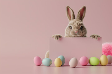 Cute Easter bunny surrounded by colorful eggs with blank sign for text on bright background