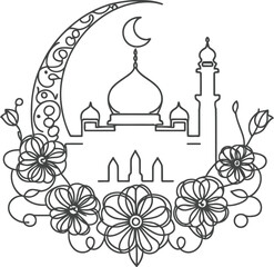 Muslim Ramadan Islam in continuous line drawing minimalist, simplicity contour,