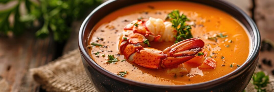 Delicious Lobster Bisque Soup Ready to Serve - A savory bowl of lobster bisque garnished with herbs, presenting the luxurious seafood soup with a rich, creamy texture