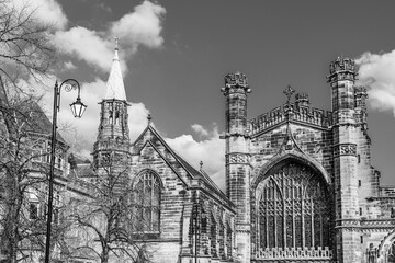 Chester, Cheshire, England, UK: Chester Cathedral dedicated to Christ and the Blessed Virgin Mary in black and white - 748278343
