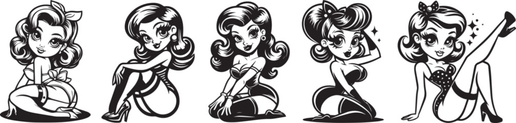 flirty chibi pin-up girls: a blend of charm and playful allure,  black vector cartoon character - obrazy, fototapety, plakaty