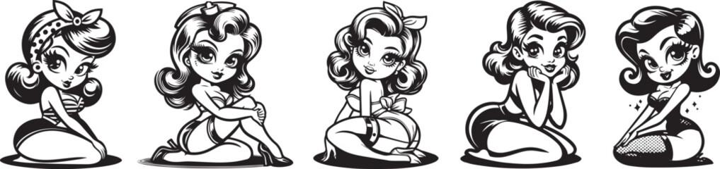 beautiful flirty young women in pin-up style, black vector illustrations