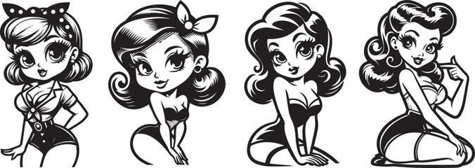beautiful flirty young women in pin-up style, black vector illustrations