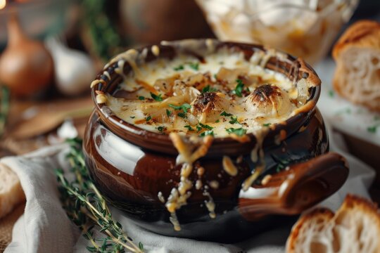 French onion soup in traditional crock - French onion soup topped with melted cheese and croutons, served in a classic ceramic crock
