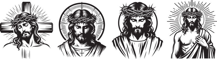 jesus christ, various portraits with crown of thorns and on the cross, black vector