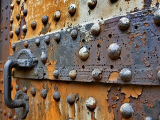 a rusty metal door with rivets