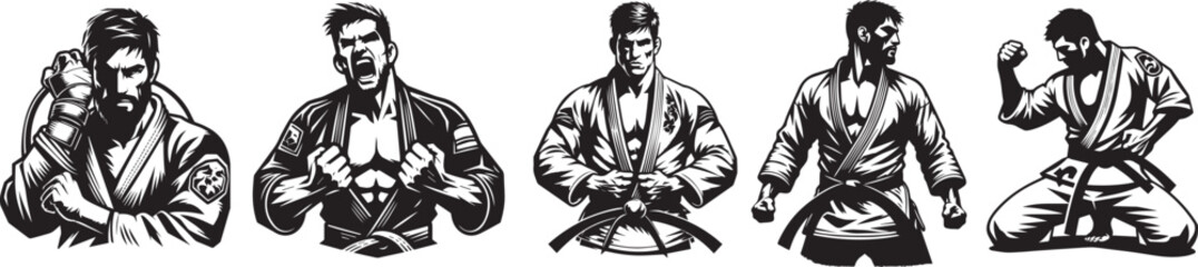 man, brazilian jiu-jitsu fighter, various body positions of an athlete ready for combat, black vector