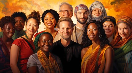 Diverse image: A captivating collage of hundreds of multiracial individuals, smiling and gazing at the camera, exemplifying the beauty of multicultural society and inclusivity - obrazy, fototapety, plakaty