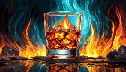 whisky en las rocas alcohol - obrazy, fototapety, plakaty
