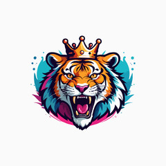 Colorful Tiger with crown roaring vector mascot illustration.
Tiger. King tiger logo. Tiger growling, grinning  Beautiful, breathtaking tiger