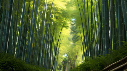 Tranquil bamboo forest, tall bamboo stalks create a dense and peaceful atmosphere