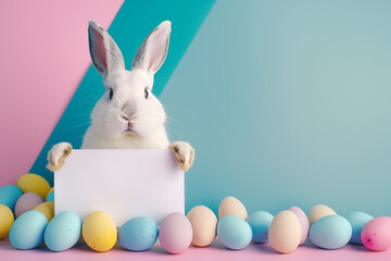 Naklejka na ściany i meble Cute Easter bunny surrounded by colorful eggs with blank sign for text on bright background