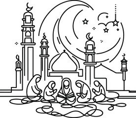 Fototapeta premium Muslim Ramadan Islam in continuous line drawing minimalist, simplicity contour,