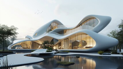 Fototapeta na wymiar striking example of futuristic architecture, this curvaceous building with fluid lines and expansive glass windows blending innovation with the natural environment