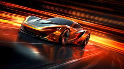 Speeding Sports Car On Neon Highway. Powerful acceleration of a supercar on a night track with colorful lights and trails. 3d render - obrazy, fototapety, plakaty