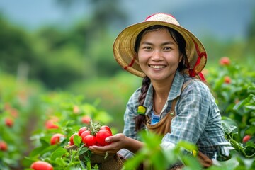 Asian gardener working in tomato garden. Agriculture lifestyle.