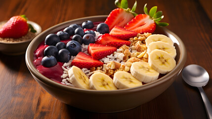 Delicious and Healthy Acai Bowl Adorned with Fresh Fruits, Granola and a Mint Garnish