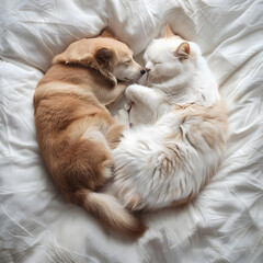 Golden Puppy and White Cat Cuddling Together on a Cozy Bed. AI.