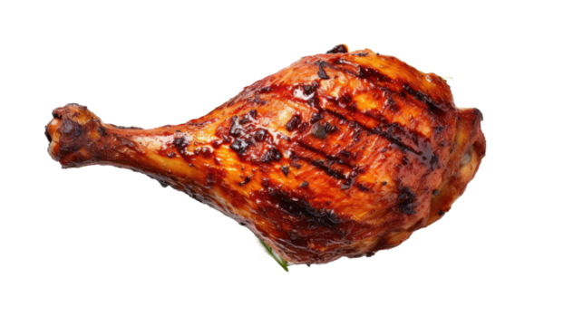  Tasty grilled chicken leg on white background, BBQ food