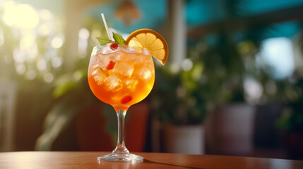 A glass filled with a refreshing drink and topped with a slice of orange.