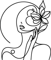 woman face with flower in continuous line drawing minimalist, simplicity contour, 