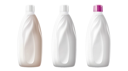 White plastic bottle, liquid detergents, laundry bleaching, fabric softener, isolated on transparent a white background
