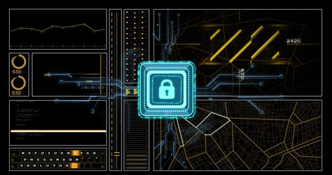 Animation of data processing and padlock icon over dark background