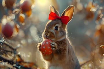 Very cute bunny with Easter egg and red bow