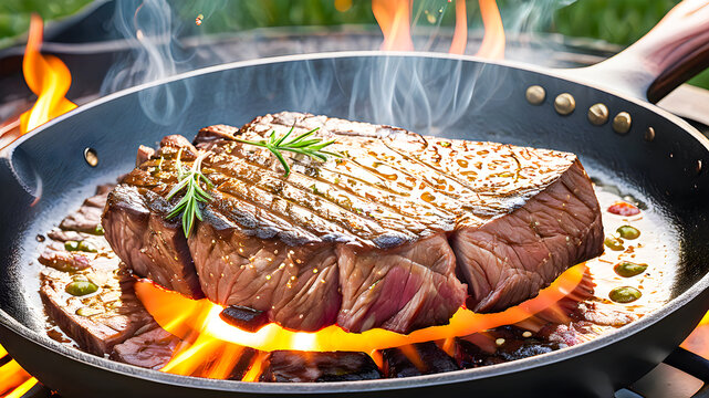 Steak on the grill with flames in the background, close-up