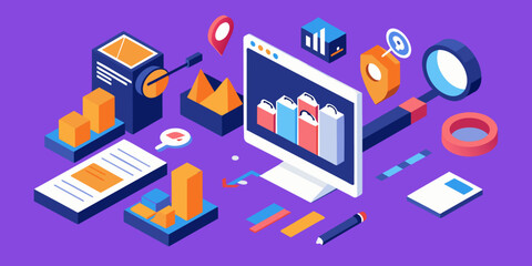 Isometric illustration design concept. Analyze data and search SEO optimization flat illustration design