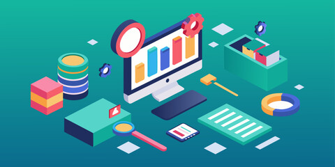 Isometric illustration design concept. Analyze data and search SEO optimization flat illustration design