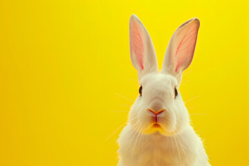 Cute white Easter bunny on a yellow background