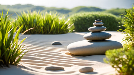 Obraz na płótnie Canvas zen stones on the sand with green grass background, zen concept