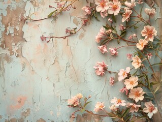 Vintage floral wallpaper with dainty pastel flowers on a rustic backdrop, bathed in sunlight for a serene spring vibe.